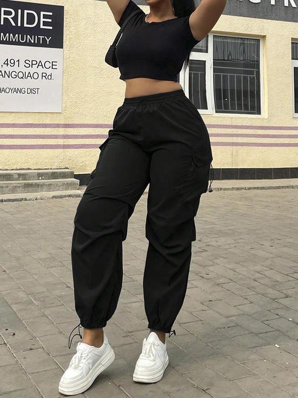 Women's Solid Drawstring Waist Cargo Pants, Casual Pocket Trousers for Daily Wear, Pants for Women, Ladies Bottoms for Fall & Winter