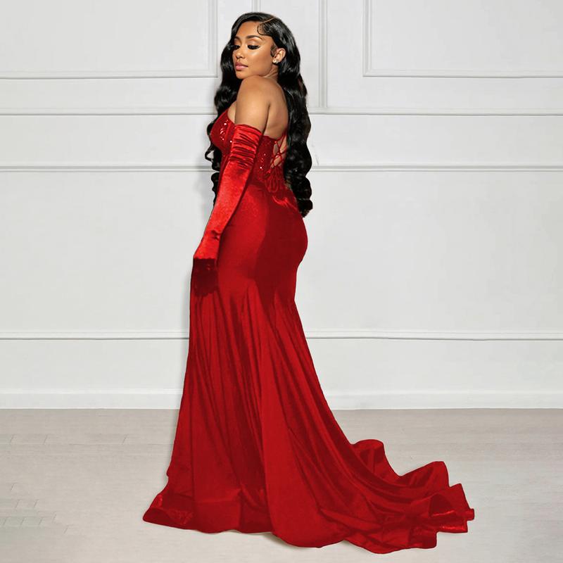 Halter Mermaid Hem High Slit Christmas Party Corset Sequins Prom Maxi Dresses