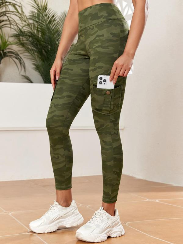 Women's Camo Print Flap Pocket Leggings, Comfort Women Clothing, Casual High Waist Skinny Pants, Leggings for Women, Ladies Bottoms for All Seasons