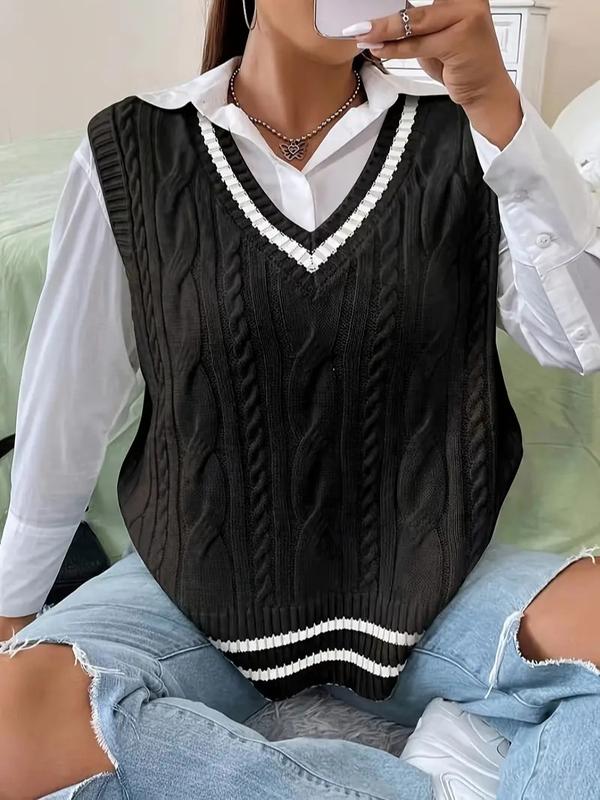 Plus Striped Trim Knit Sweater Vest Without Blouse V-neck Sweater Vest Women Vneck Casual Fit long sleeve knit outwear shoulder cardigan everyday sweater zea goo casual sweater