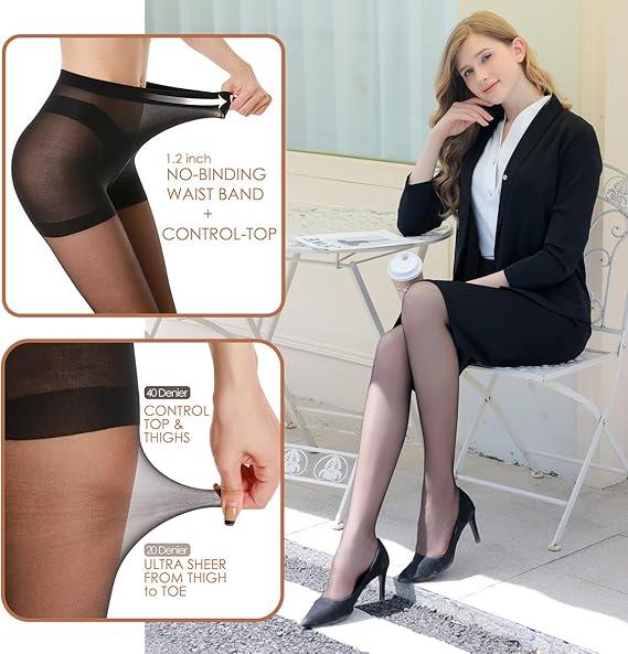 Tights Pairs Women's Sheer Tights - 20D Control Top Pantyhose with Reinforced Toes