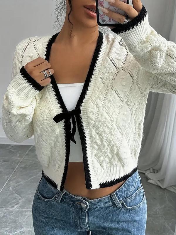 Women's Colorblock Contrast Binding Tie Front Crop Cardigan, Casual Long Sleeve V Neck Cardigan for Spring & Fall, Women's Knit Clothing for Daily Wear