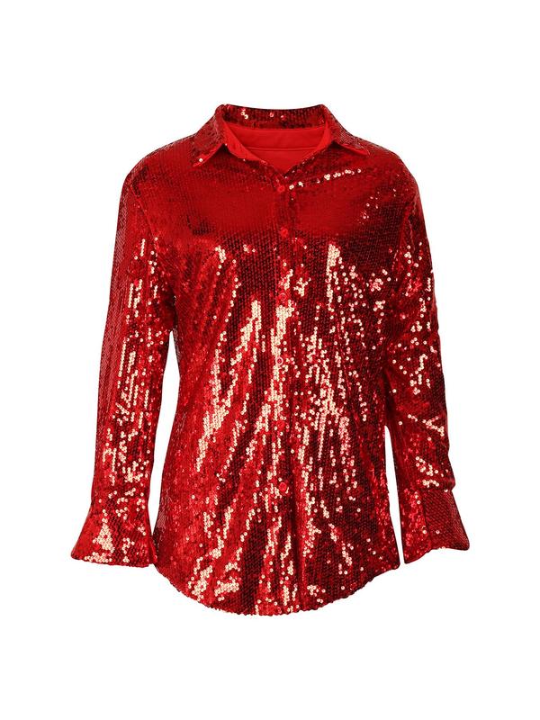 Women's Button Front Flounce Sleeve Contrast Sequin Top, Elegant Asymmetrical Hem Long Sleeve Collared Top for Party Holiday, Ladies Clothes for All Seasons