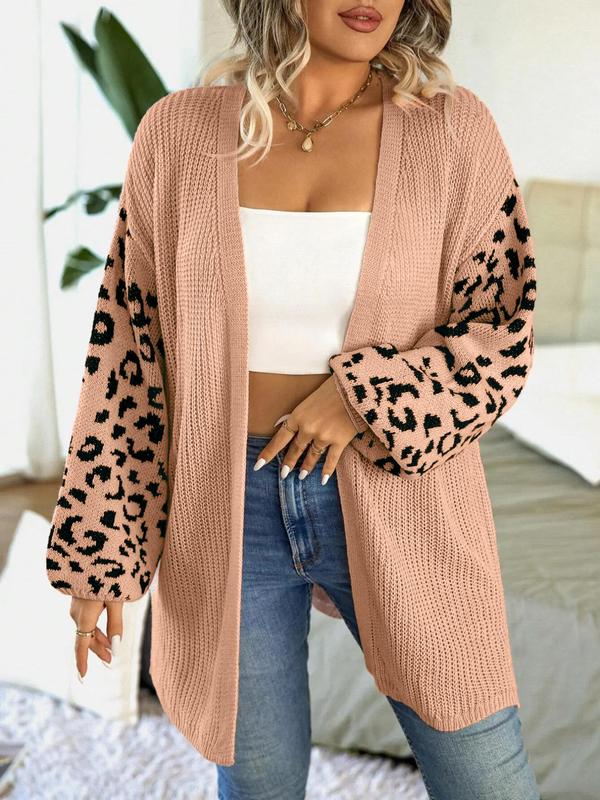  Leopard Print Drop Shoulder Split Hem Cardigan, Casual Long Sleeve Open Front Knitwear for Spring & Fall, Gift Set for Women, Cardigan for Women, Women's Plus Clothing for Daily Wear for Christmas