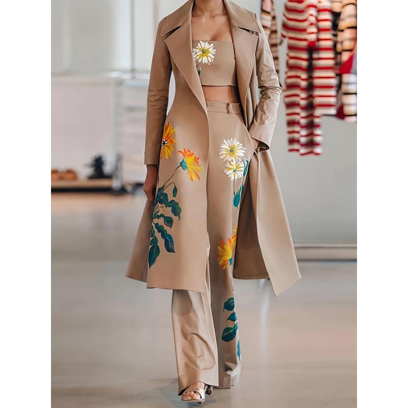 Women's Elegant Polyester Blazer Suit Set With Floral Print, Long Sleeve, Autumn Winter Office Wear, 3-Piece Set With Blazer, Top, And Pants