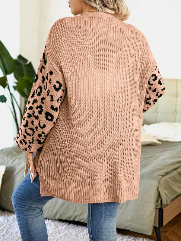  Leopard Print Drop Shoulder Split Hem Cardigan, Casual Long Sleeve Open Front Knitwear for Spring & Fall, Gift Set for Women, Cardigan for Women, Women's Plus Clothing for Daily Wear for Christmas