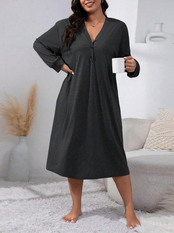  Solid Button Front Drop Shoulder Nightdress, Casual Long Sleeve V Neck Nightgown for Women, Women's Sleepwear for Spring & Fall