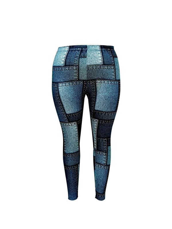  Denim-Effect Print Leggings, Casual Comfy Skinny Pants for Women, Women's Bottoms for Fall & Winter