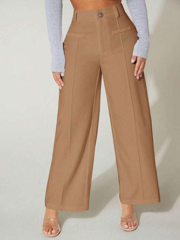 Women's Plain High Waist Wide Leg Pants, Elegant Comfort Button Decor Straight Leg Trousers For Work Office Business, Pants for Women, Summer Outfits 2024