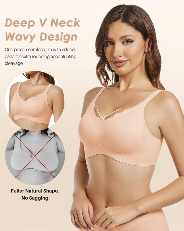 Scalloped Bras for Women No Underwire Push Up Wireless Bralettes V Neck Seamless Bra