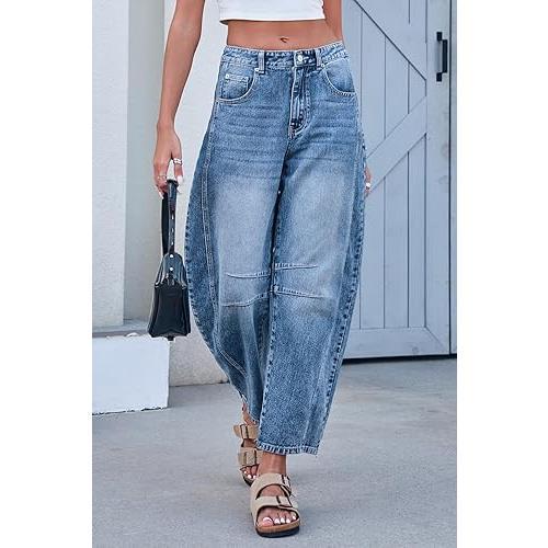 Barrel Jeans Women Wide Leg Cropped Jeans Y2k Mid Rise Baggy Jeans Boyfriend Denim Pants Harem Pants with Pockets