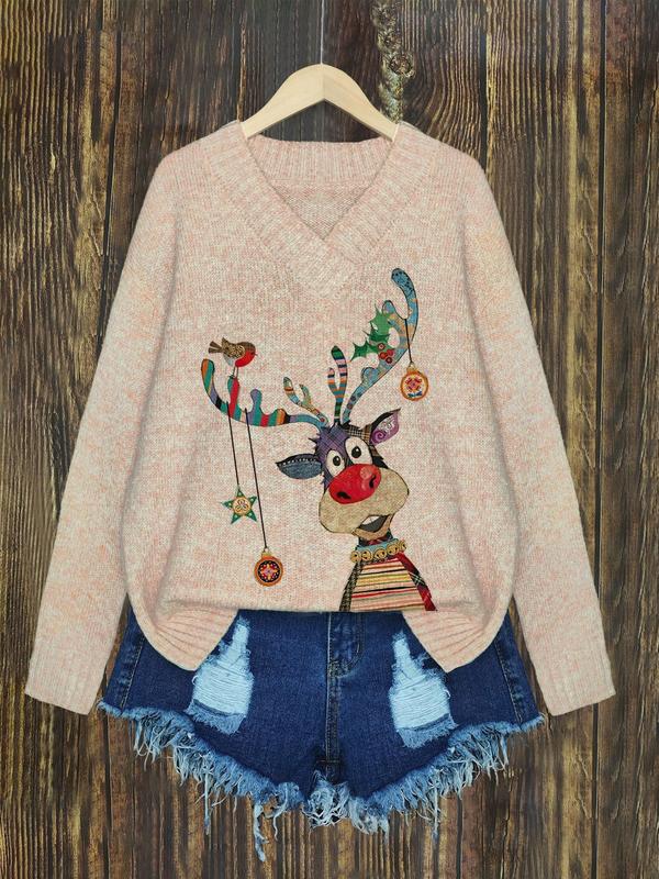 Women's Cartoon Reindeer Print Drop Shoulder Sweater, Casual Long Sleeve V Neck Jumper for Fall & Winter, Fashion Ladies' Knitwear for Daily Wear