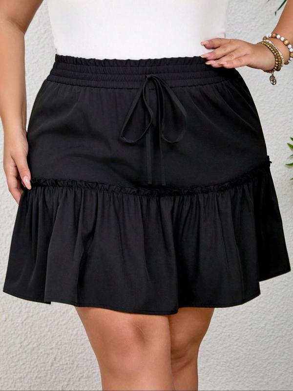  Solid Drawstring Frill Tie Front Skirt, Casual Fashion Short Skirt for Daily Outdoor Wear, Women Clothing for Fall