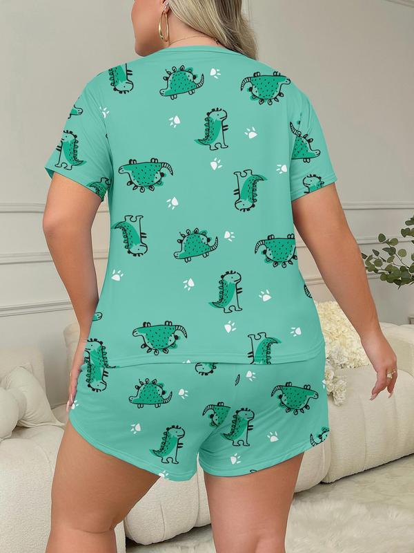 Plus Size All Over Dinosaur Print Pyjama Set, Casual Soft  Short Sleeve T-shirt & Elastic Waist Shorts Loungewear Set, Women's Sleepwear for Summer