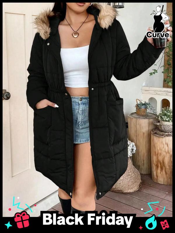  Solid Button Front Pocket Faux Fur Trim Hooded Winter Coat, Casual Long Sleeve Outerwear for Fall & Winter, Gift Set for Women, Coats for Winter Women 2024, Fall Outfits, Fallfreshness, Winter Clothes Women Winter Jacket