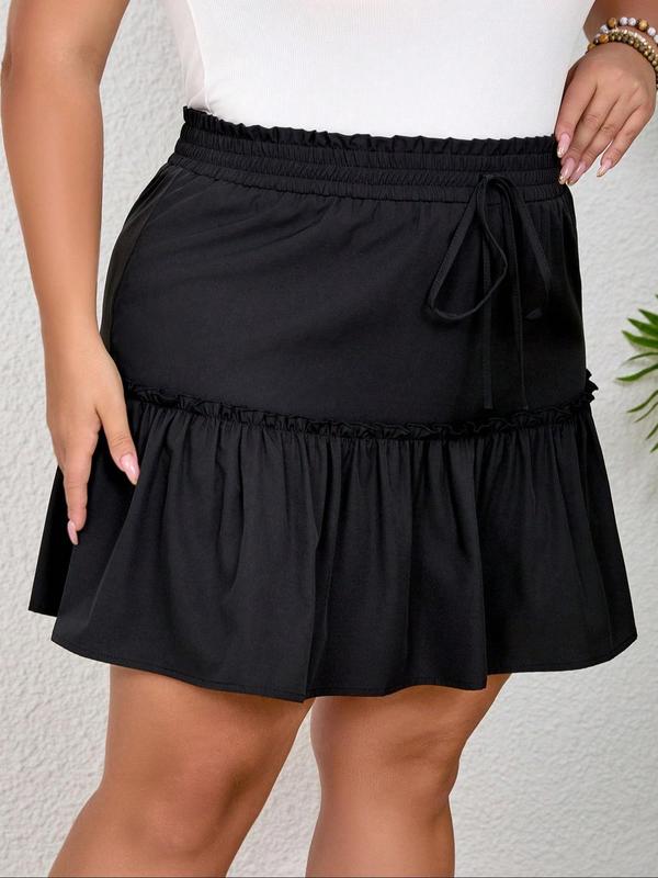  Solid Drawstring Frill Tie Front Skirt, Casual Fashion Short Skirt for Daily Outdoor Wear, Women Clothing for Fall