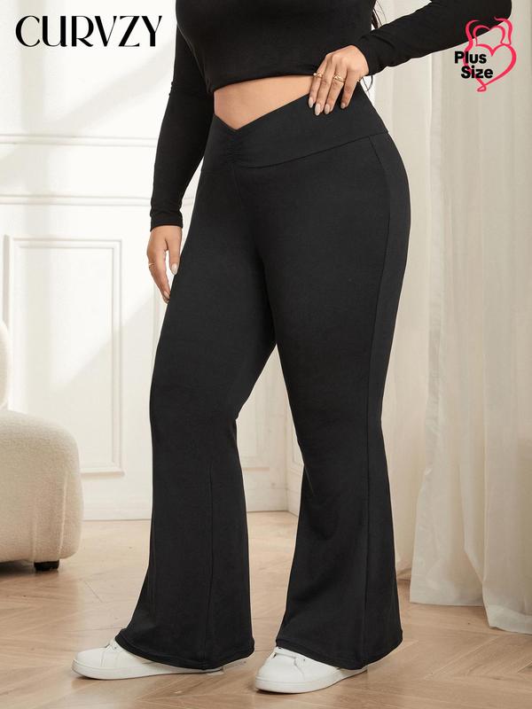 CURVZY Plus Size Solid Ruched Flare Leg Pants, Casual Comfy Bell Bottom Trousers for Daily Wear, Women's Bottoms for All Seasons