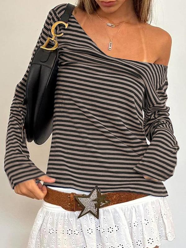 Women's Striped Print V Neck Tee, Fall Clothes, Casual Long Sleeve T-shirt for Fall, Women's Clothing for Daily Wear, Black Girl Outfits