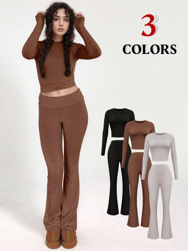 Two-Piece Set Women's Solid Long Sleeve Tee & High Waist Bell Bottom Pants Set, Casual Round Neck Top & Flare-leg Trousers for Spring & Fall, Ladies Clothes for Daily Wear, Fall Clothing, Outfit Sets for Women