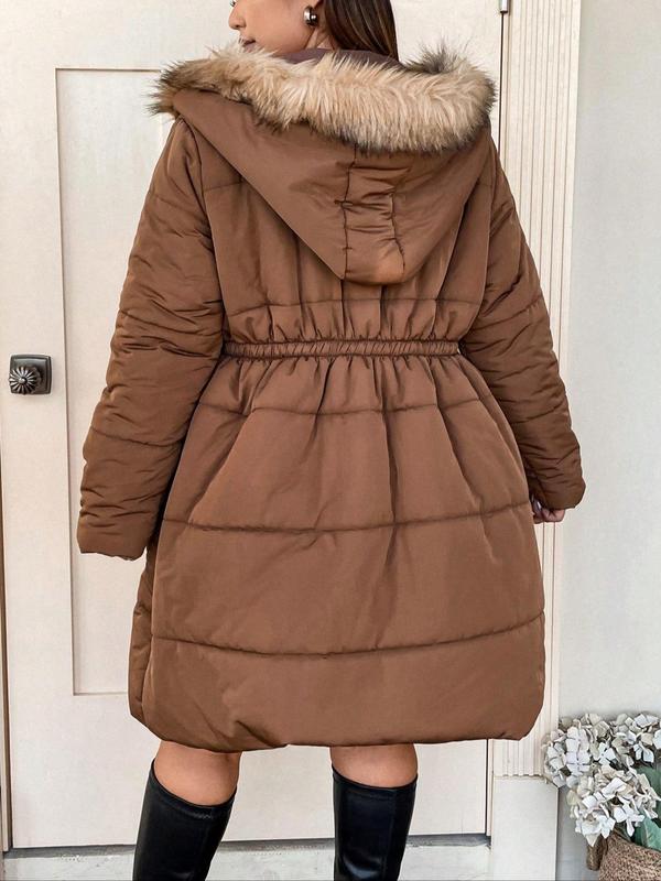  Solid Button Front Pocket Faux Fur Trim Hooded Winter Coat, Casual Long Sleeve Outerwear for Fall & Winter, Gift Set for Women, Coats for Winter Women 2024, Fall Outfits, Fallfreshness, Winter Clothes Women Winter Jacket