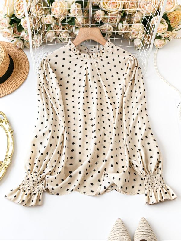  Polka Dot Print Frill Trim Shirred Blouse, Elegant Flounce Sleeve Keyhole Back Top for Fall & Winter, Women's Clothes for Daily Wear