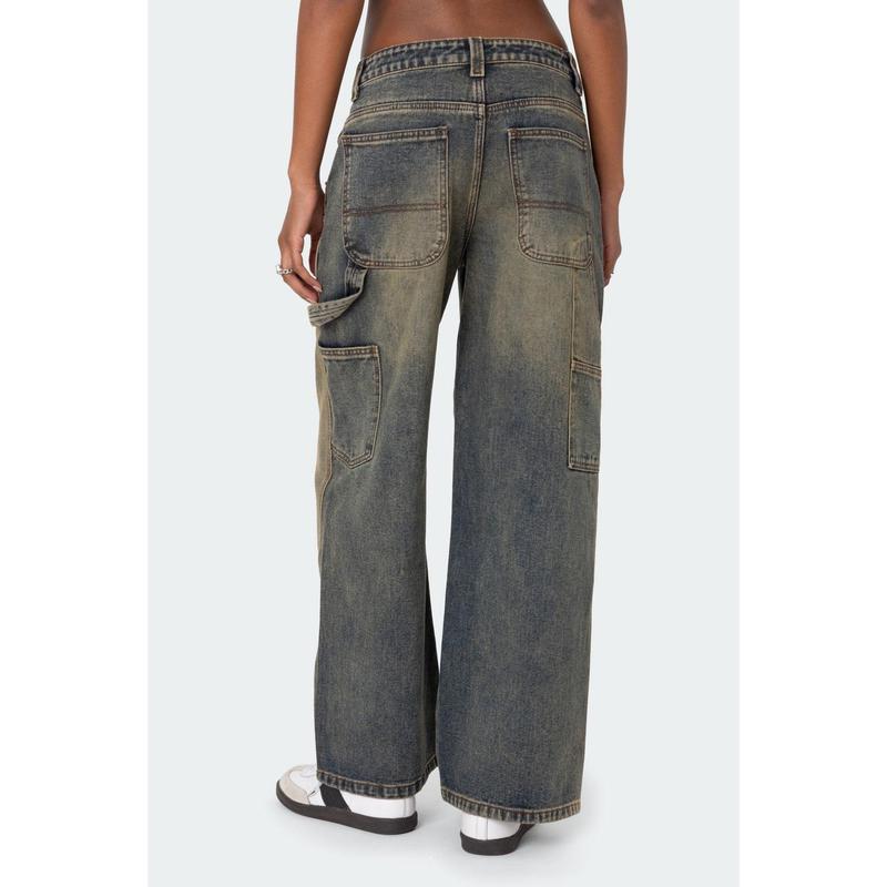 Contrast Panel Low Rise Washed Jeans