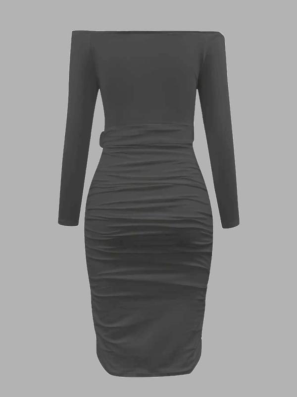 Women's Plain Off the Shoulder Wrapped Ruched Bodycon Dress, Elegant Draped Long Sleeve Knee Length Dress, Summer Outfits 2024, Latina Outfit, Ladies Clothes