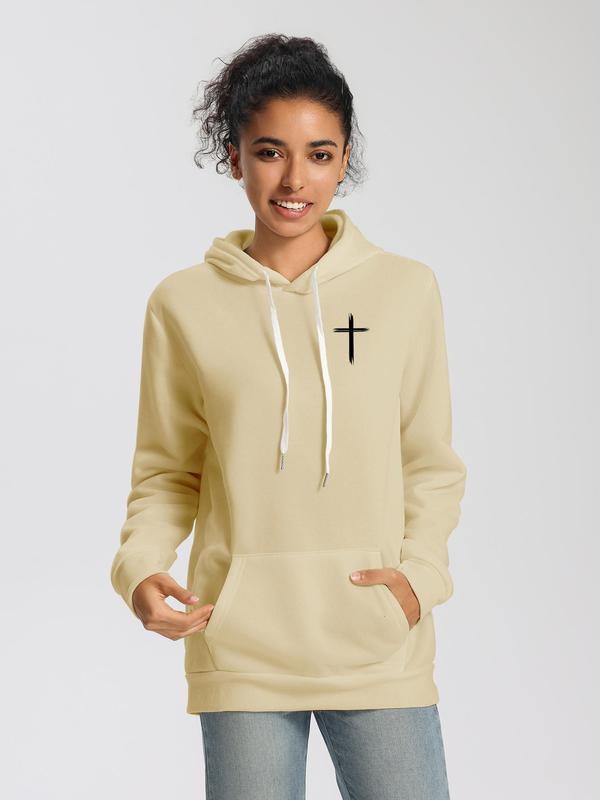 Women's Cross & Letter Print Thermal Lined Hoodie, Casual Long Sleeve Hooded Sweatshirt for Fall & Winter, Women's Clothes for Daily Wear