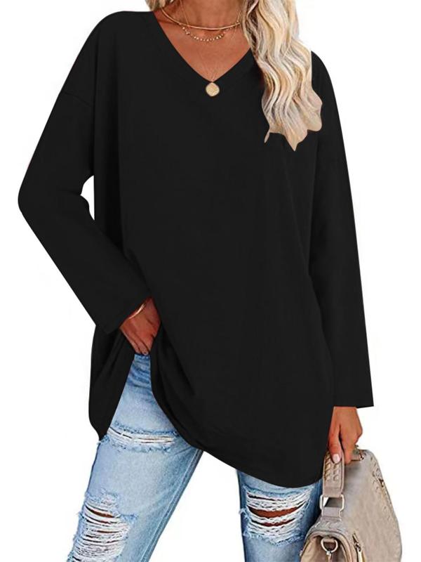 Plus Size Solid Drop Shoulder V Neck Tee, Casual Long Sleeve T Shirts for Women for Daily Wear, Women Plus Clothing for All Seasons, Fall Outfits, Fallfreshness Y2K, Fall clothes 2024