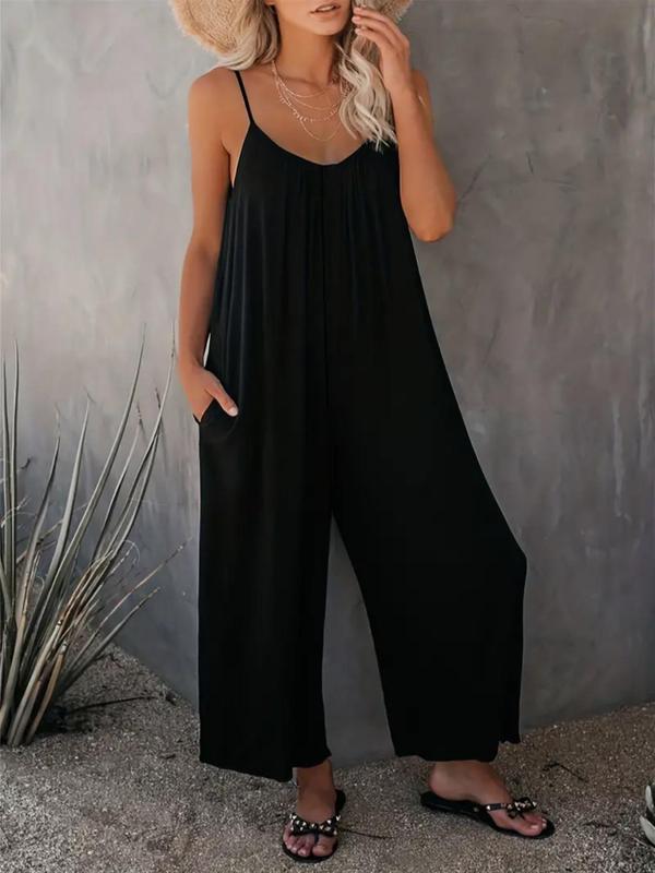 Women's Solid Color Pocket Adjustable Strap Wide Leg Jumpsuit, Casual Sleeveless V Neck Jumpsuit for Summer, Ladies Clothes for Daily Wear