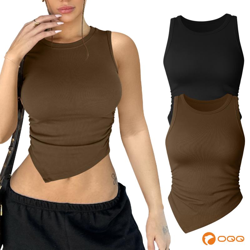 OQQfitness Womenswear Two Pieces Comfortable Fabric Sleeveless Crew Neck Ruched Stretch Fitted Under scrubs Layer Tee Shirts Tops