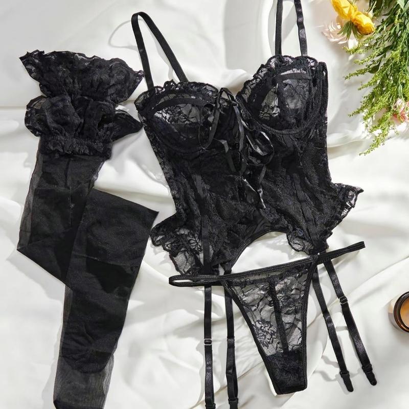 Women's 3pcs Adjustable Strap Backless Lace Lingerie Set, Tie Front Cami Top & Sheer Thong & Ruffle Stockings Set, Lingerie for Women,  Women's Lingerie, Womenswear Comfort Bridal Spaghetti Strap Floral Lace Women's Sexy Women's Silk romantic underwear