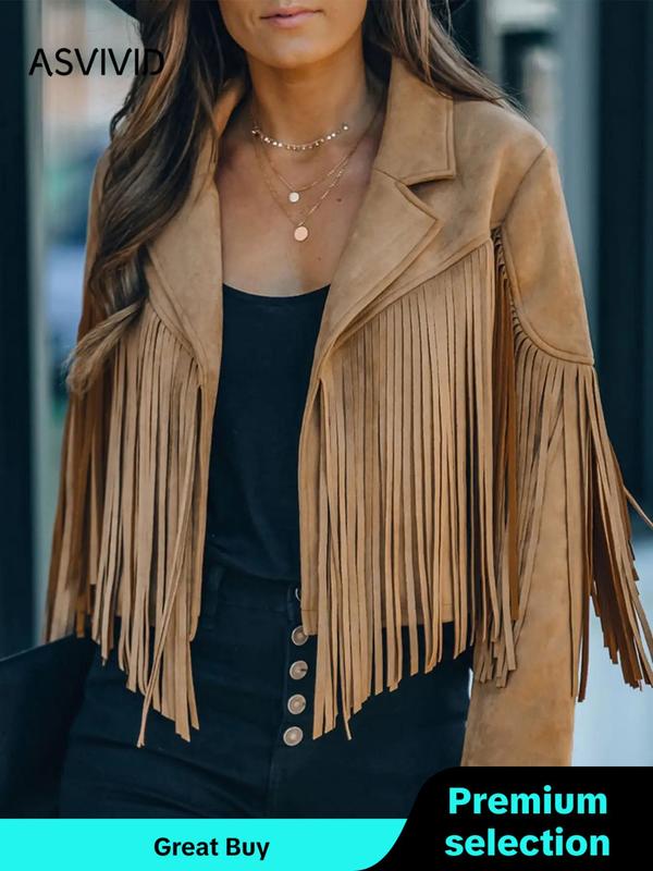 Women's Fringe Trim Lapel Collar Jacket, Casual Long Sleeve Open Front Outerwear for Spring & Fall, Ladies Clothes for Daily Wear, Winter Outfits 2024