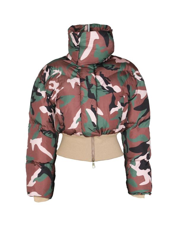 Women's Camo Patchwork Print Zip Up Crop Quilted Jacket, Casual Long Sleeve Stand Collar Outerwear for Fall & Winter, Ladies Clothes for Daily Wear