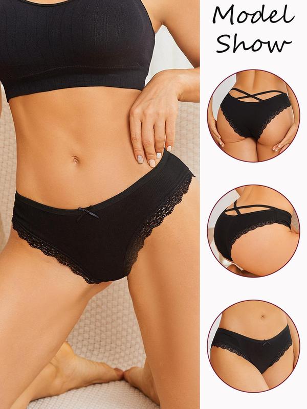 Women's 5pcs Bow Front Contrast Lace Criss Cross Knicker, Comfort Basic Soft Comfy Breathable Cut Out Panty, Women's Underwear For All Seasons