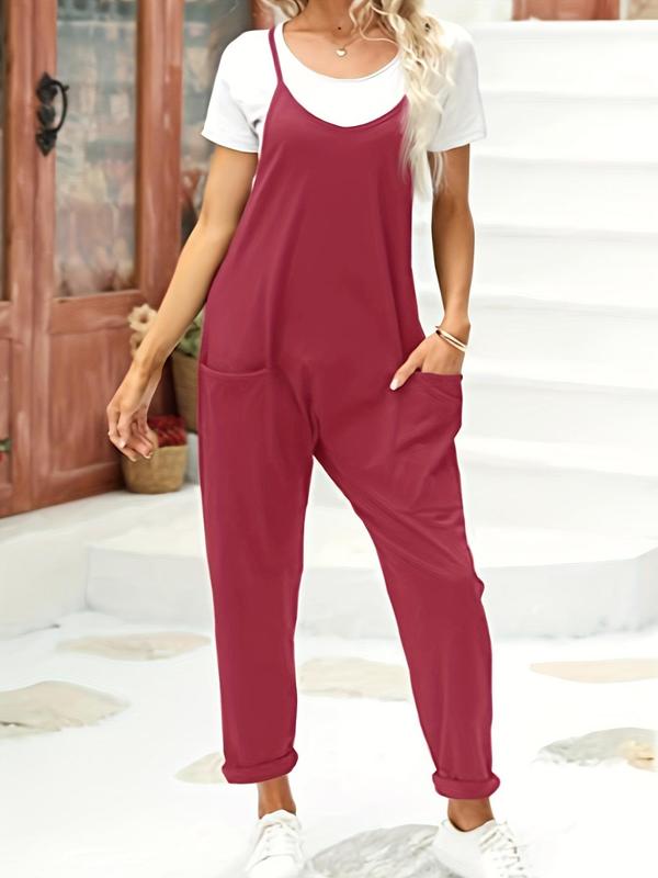 Women's Plain Dual Pocket Zipper Straight Leg Jumpsuit Without Top, Casual Basic Minimalist Comfort Sleeveless Spaghetti Strap Jumpsuit for Summer, Lady Clothes for Daily Wear, Womenswear