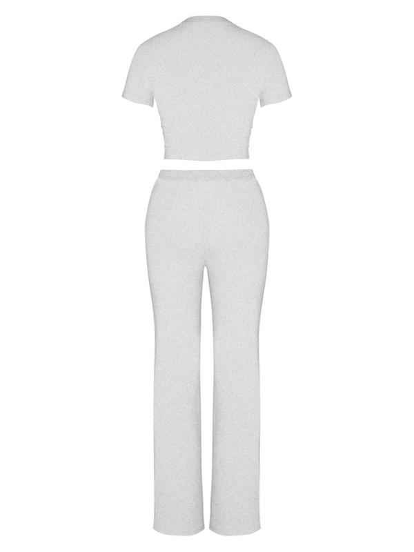 Women's Solid Color Crop Tee & Drawstring Waist Pants Set, Casual Round Neck Short Sleeve Top & Trousers for Daily Wear, Ladies Outfits for All Seasons, Gym Outfits