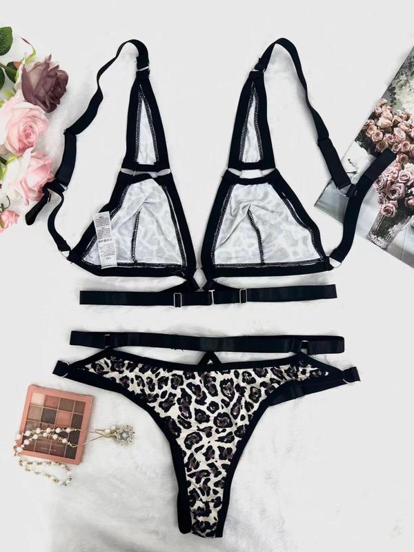  Two-piece Set Leopard Print Criss Cross Backless Bra & High Waist Panty Set, Casual Comfy Breathable Underwear Set for Daily Wear, Women's Underwear for All Seasons