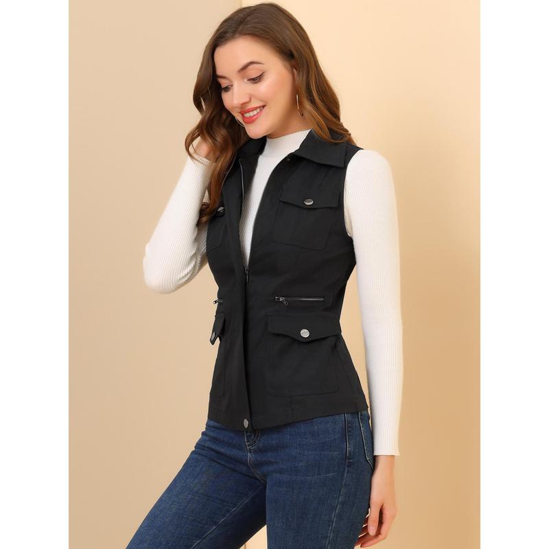 Allegra K Zip Up Jacket with Pockets Sleeveless Cargo Utility Vest Black