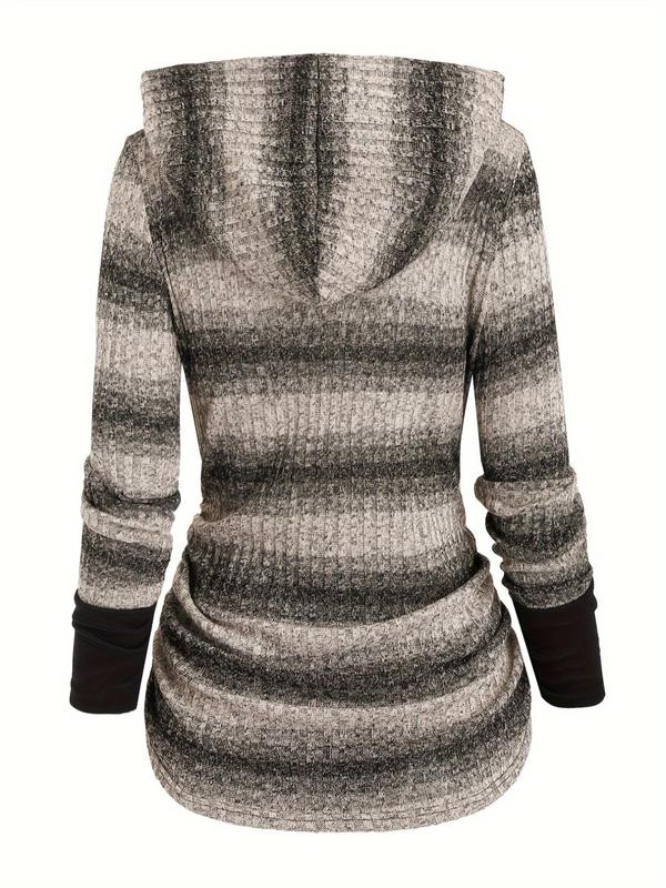 Women's Striped Print Ruched Button Front Hooded Knit Top, Casual Long Sleeve Patchwork Knitwear for Fall & Winter, Women's Clothes for Daily Wear