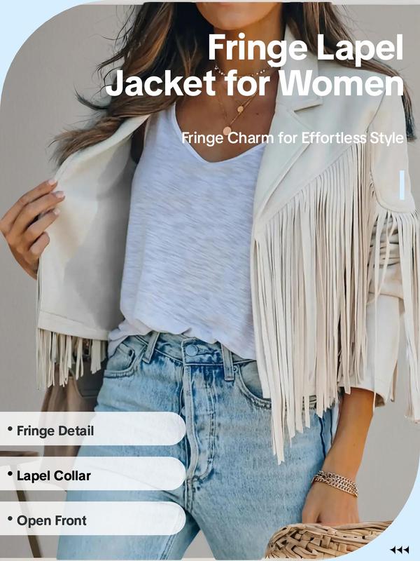 Women's Fringe Trim Lapel Collar Jacket, Casual Long Sleeve Open Front Outerwear for Spring & Fall, Ladies Clothes for Daily Wear, Winter Outfits 2024