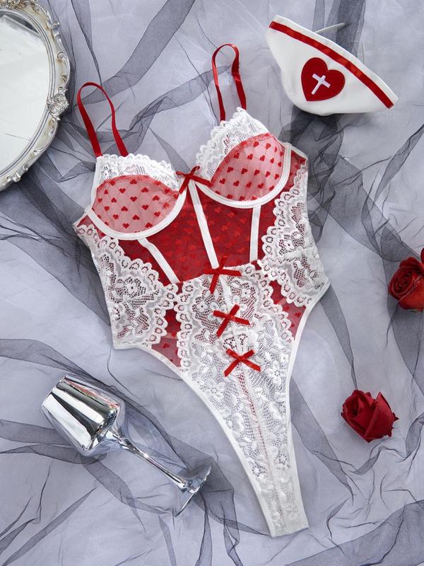 Women's Heart Pattern Lace Teddy Bodysuit & Hat Two-piece Set, Sexy Adjustable Strap Sheer Lingerie & Hat Set, Women's Lingerie & Underwear for All Seasons