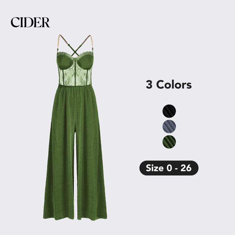 Cider [3 colors, size 0-26] Lace Corset Chain Cross Wide Leg Jumpsuit