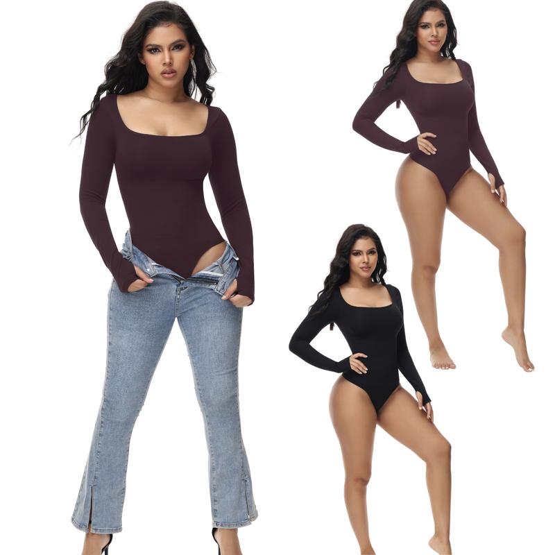 Sooslick Square Neck Long Sleeve Bodysuit Seamless 360° Waist Control Thong Bodysuit Tops skims shape wear Womenswear Underwear Lady Comfort Basic Longsleeves Minimalist