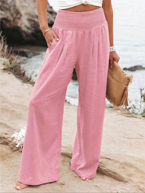 Women's Plain Pocket Shirred Wide Leg Pants, Going Out Outfits 2024, Casual Comfy High Waist Straight Leg Trousers for Summer, Fashion Women's Bottoms for Daily Wear