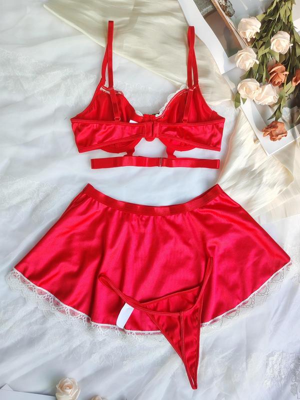 Women's Contrast Lace Underwire Bra & Thong & Skirt Three-piece Set, Sexy Satin Lingerie Set, Lingerie Set for Women