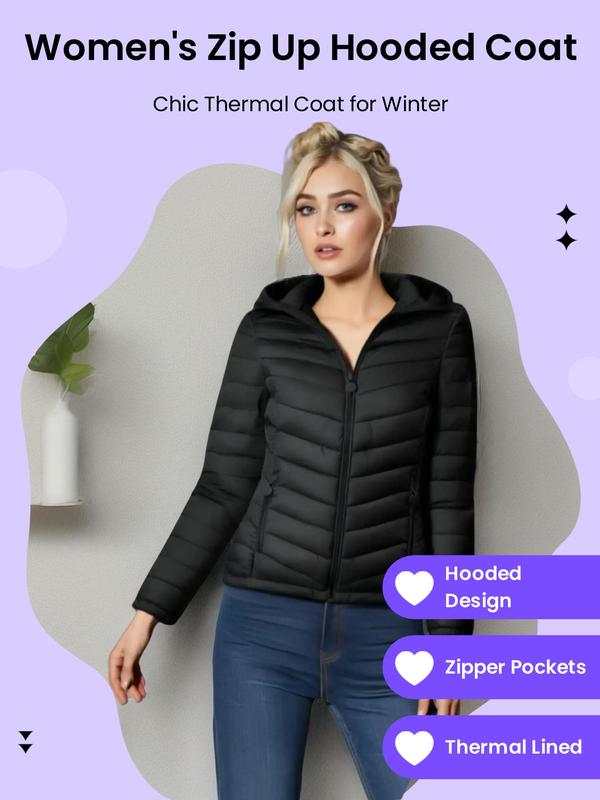 Women's Solid Zip Up Hooded Winter Coat, Casual Jackets, Long Sleeve Thermal Lined Outerwear for Fall & Winter, Women's Clothing for Daily Wear