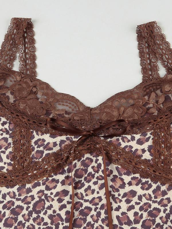 Women's Leopard Print Bow Front Contrast Lace Cami Top, Casual Spaghetti Strap Top for Spring & Fall, Women's Clothing for Daily Wear