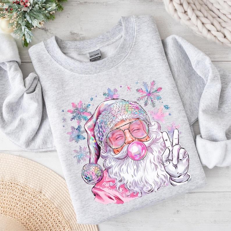 Retro Santa Sweatshirt, Pink Christmas Sweater, Women's Holiday Crewneck, Xmas Gifted for Her, Trendy Festive Sweatshirt, Bubblegum Santa