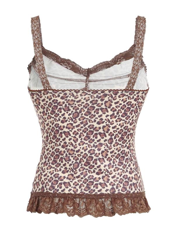 Women's Leopard Print Bow Front Contrast Lace Cami Top, Casual Spaghetti Strap Top for Spring & Fall, Women's Clothing for Daily Wear